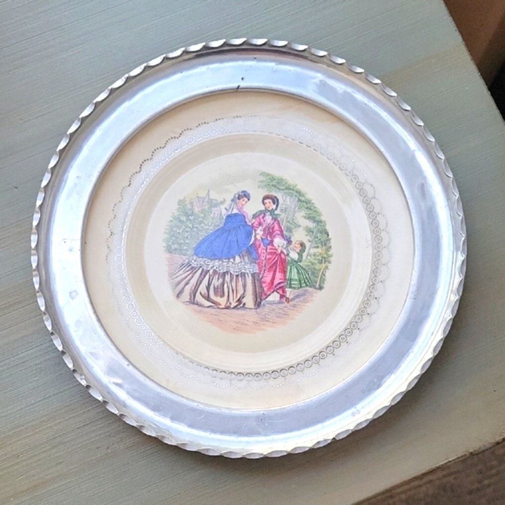 Vintage 1950 Farberware  Aluminum Wrapped Ceramic Plate Victorian Scene